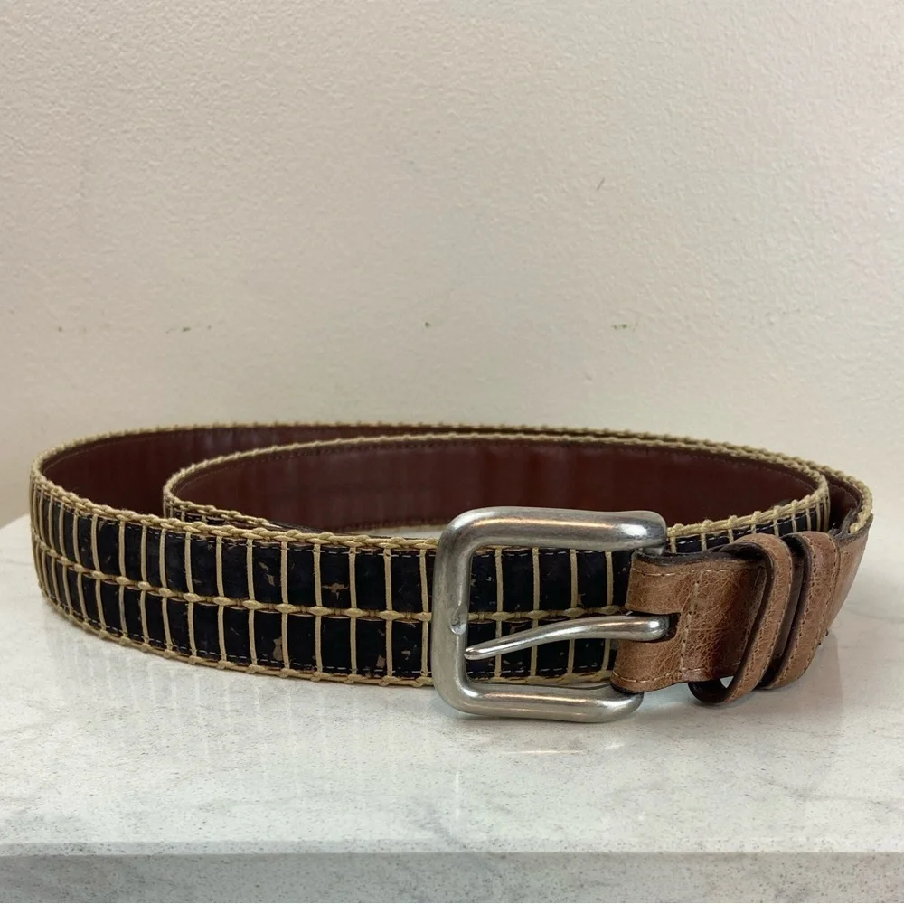 Men’s Vintage Torino Leather Cork Woven Belt Brown & Black Classic Casual Style